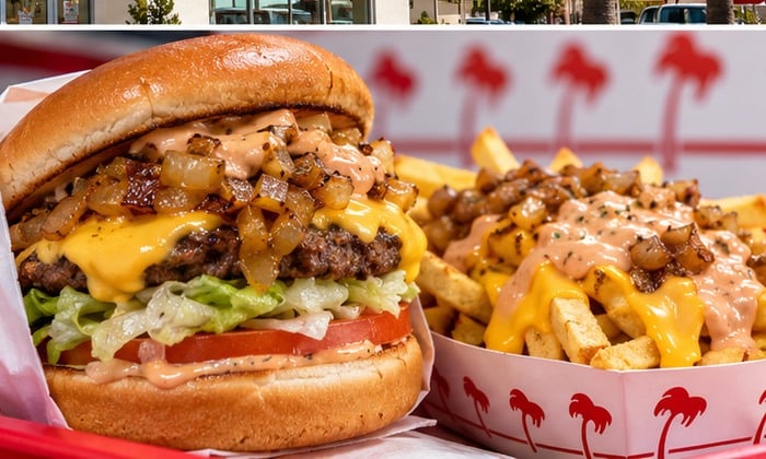 Illustration of Animal Style burger and loaded fries