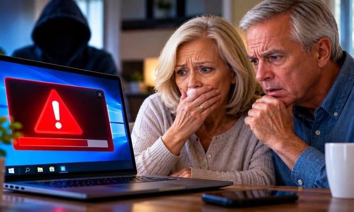 Senior couple examining a suspicious browser warning without contacting fake technical support
