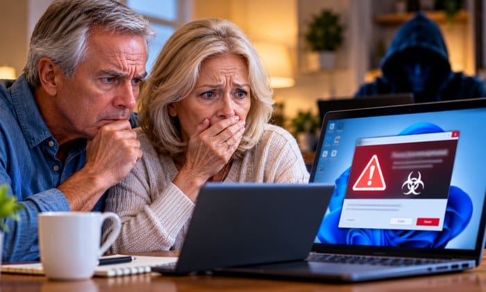 Older couple noticing a fake red malware warning on a laptop screen