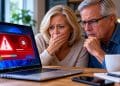 Concerned older couple looking at a laptop displaying a suspicious red malware warning at home