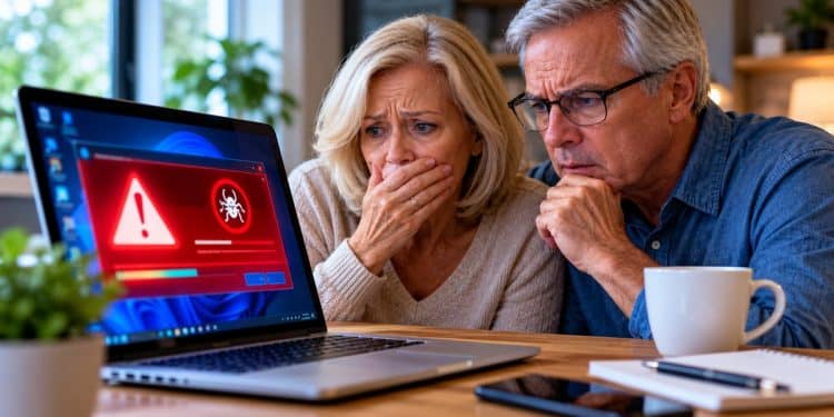 Concerned older couple looking at a laptop displaying a suspicious red malware warning at home