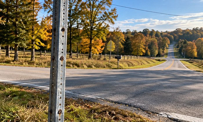 Empty roadside signpost illustrating stolen road signs in Sumner County