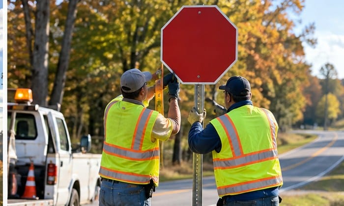 Road maintenance workers replacing a traffic sign, illustrative image