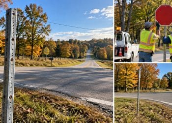 Illustration of stolen road signs and repair crews on Sumner County roads