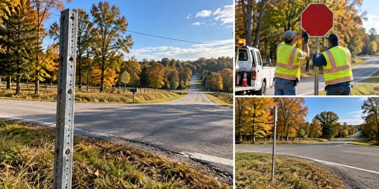 Illustration of stolen road signs and repair crews on Sumner County roads