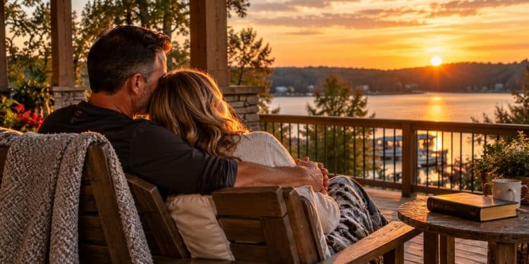 Couple embracing at sunset overlooking a lake, representing God-centered lasting love